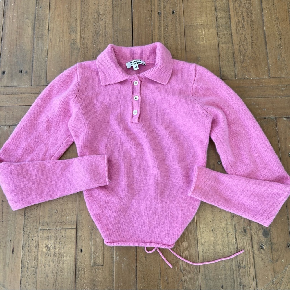 FRANKIES BIKINIS Mary Jane 100% Cashmere Polo Open Tie Back Sweater Medium Rose - Picture 4 of 10